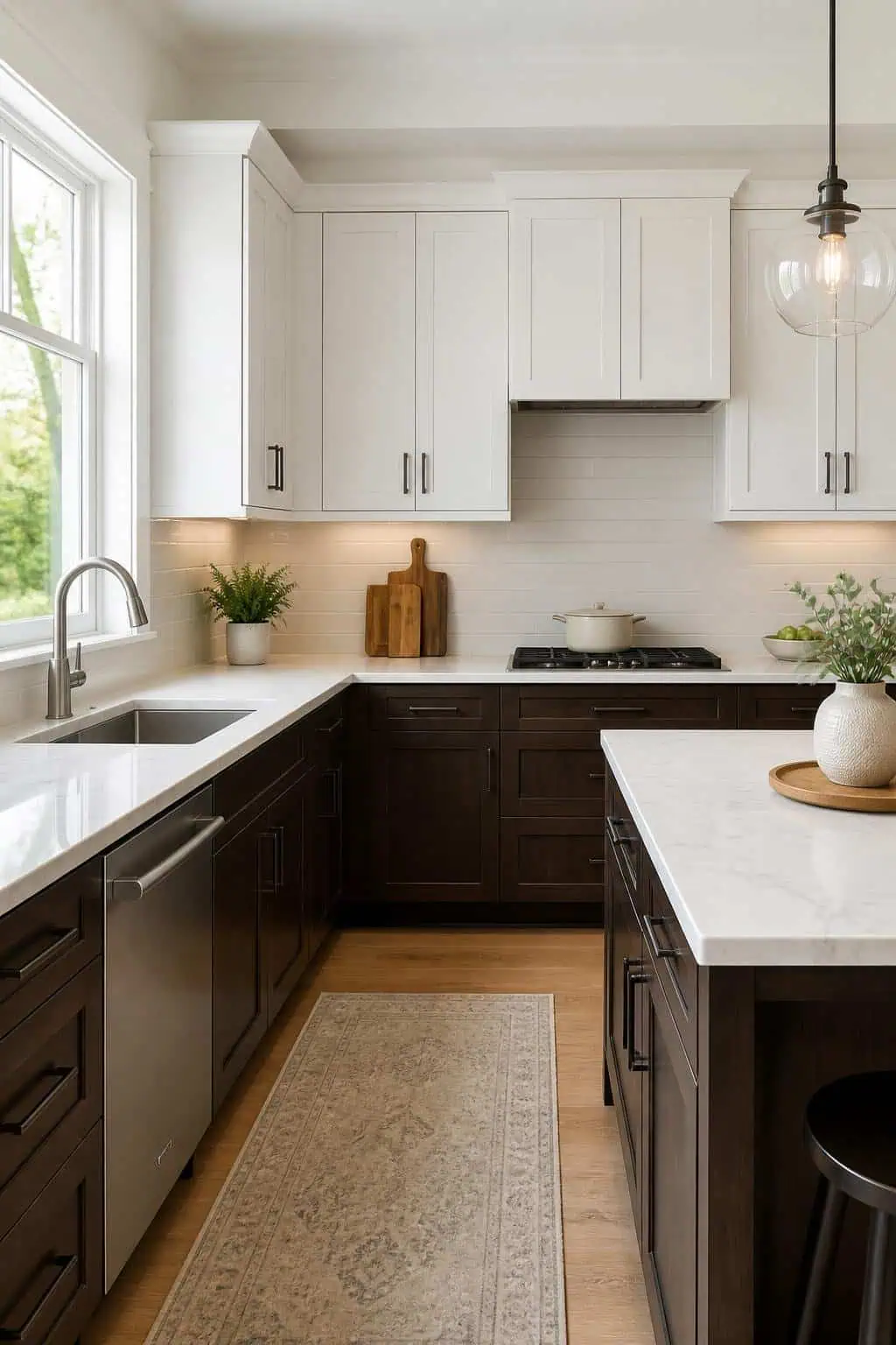 Kitchen interior, espresso lower cabinets, linen white upper cabinets, marble countertop, soft pendant lighting