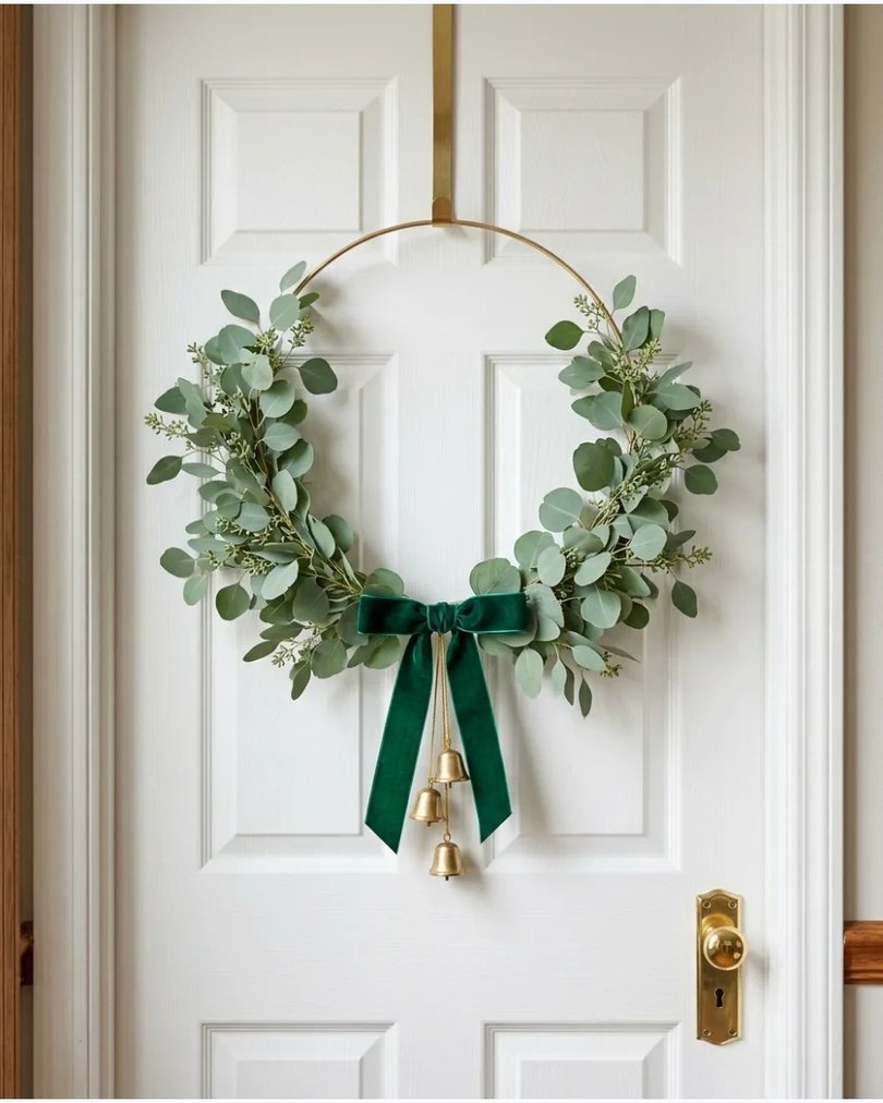 Eucalyptus gold hoop wreath on white wall with warm lighting