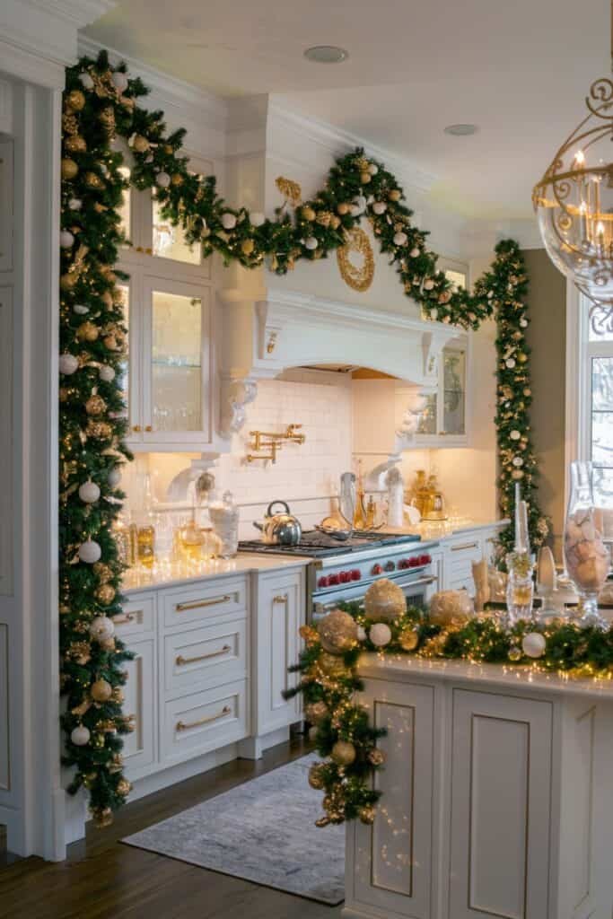 Luxury chef kitchen featuring cedar garland over range hood, marble backsplash, and warm brass island pendants.