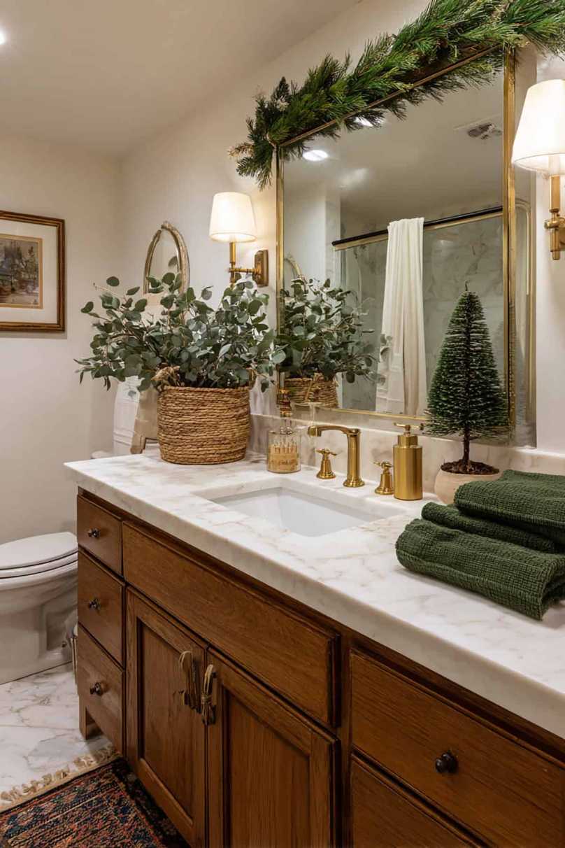 Evergreen branches, candles, white bathroom, spa-like holiday ambiance