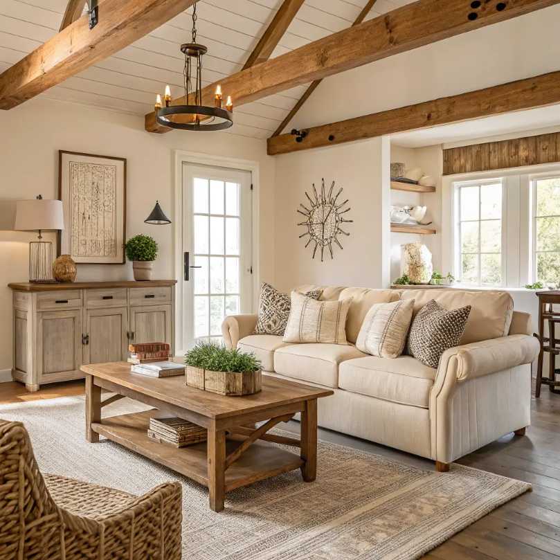 Living room with exposed dark wood beams, stone fireplace, deep‑blue sofa, soft lighting.