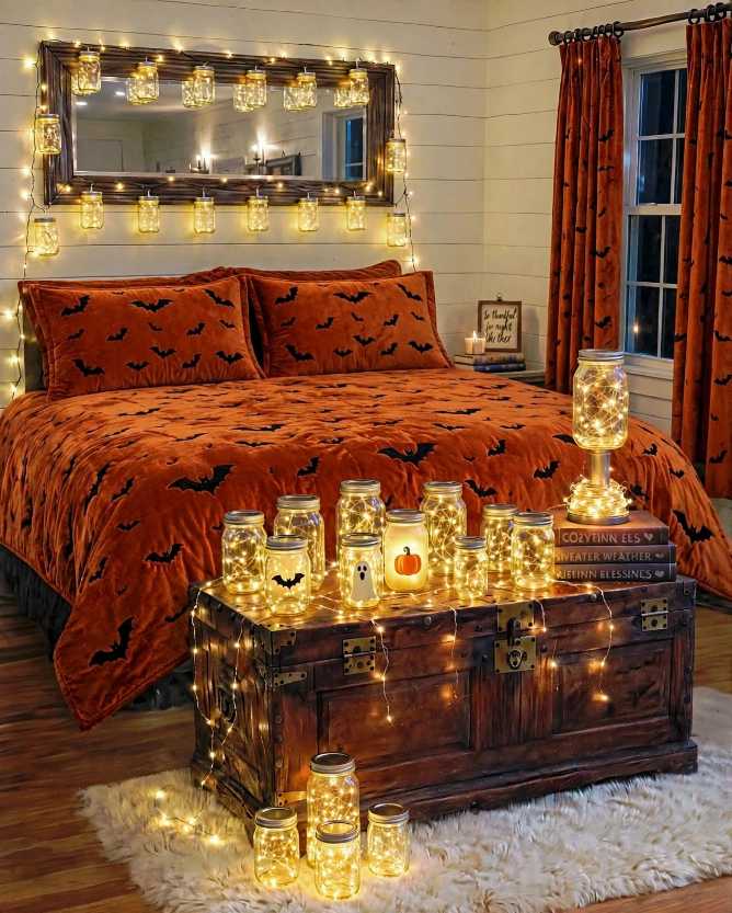 Bedroom with fairy light mason jars, rust orange bat bedding, and rustic accents.