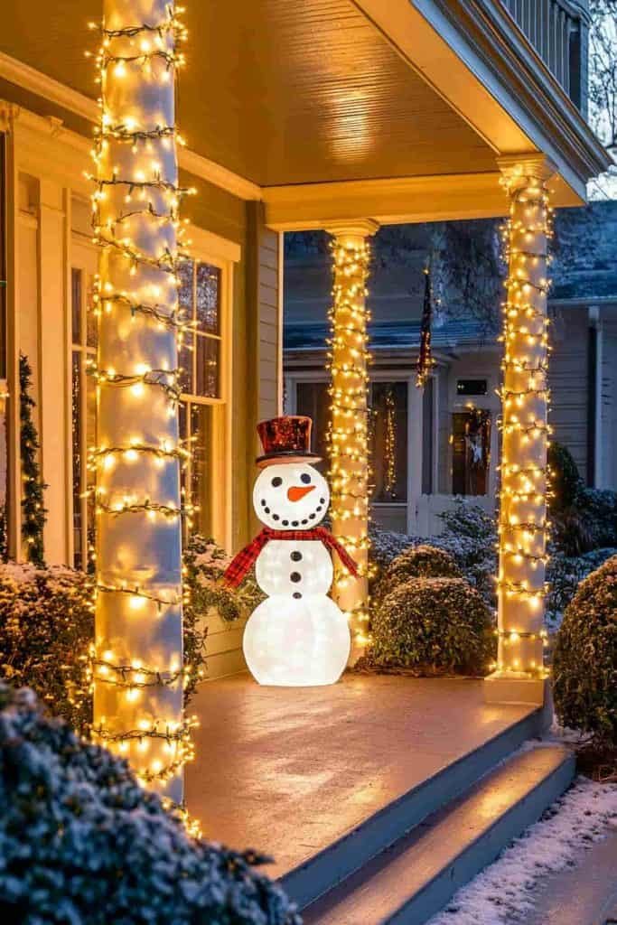 Front porch columns wrapped in fairy lights, warm white glow, natural wood texture