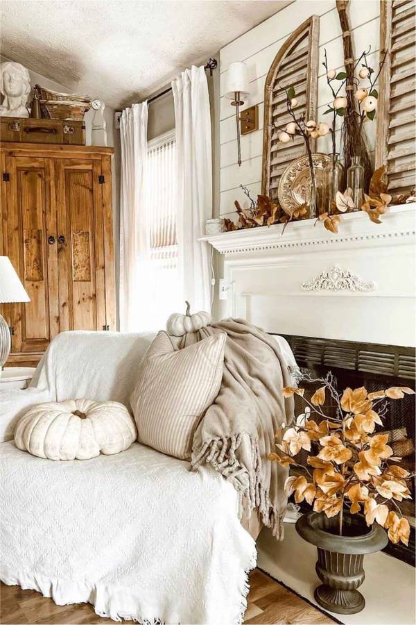 Living room wall space with wooden shelves dried botanical stems terracotta pottery warm spotlighting