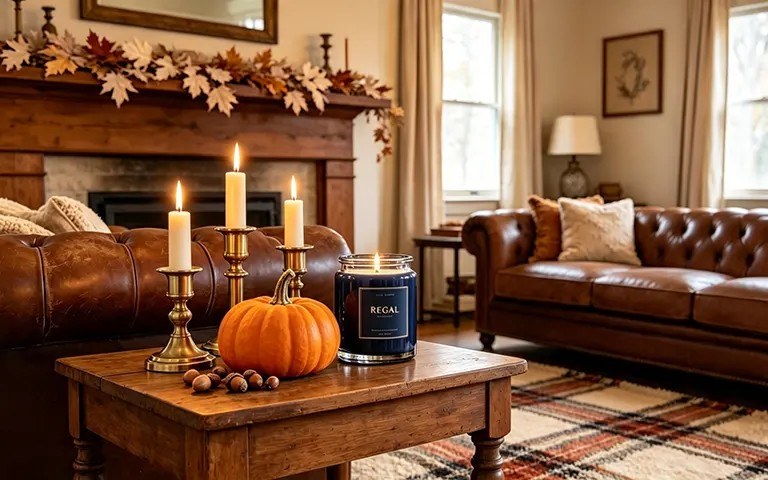 Living room sofa with chunky knit blanket mustard velvet pillows and soft floor lamp light
