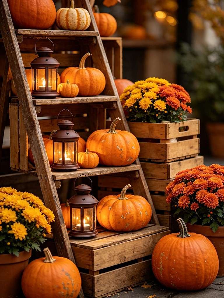 Rustic farmhouse dining table decorated with mini pumpkins eucalyptus runner brass taps warm lighting