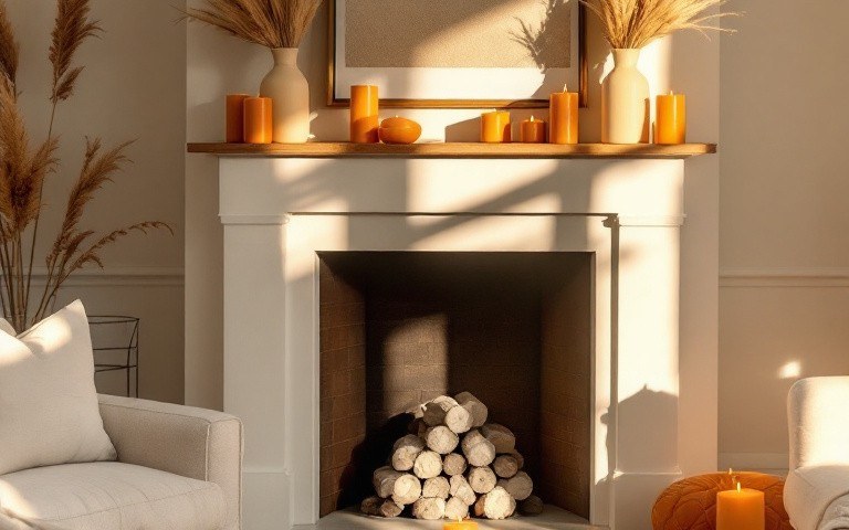 Front steps decorated with layered coir doormat white pumpkins terracotta pots warm doorway glow