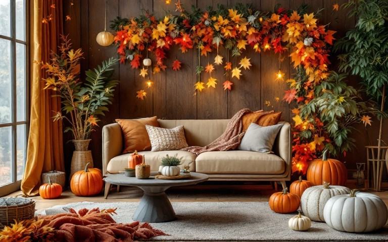 A cozy fireplace mantel decorated with dried wheat, heirloom pumpkins, and brass candle holders.