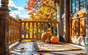 A rustic wooden dining table set with eucalyptus, mini pumpkins, and linen napkins.