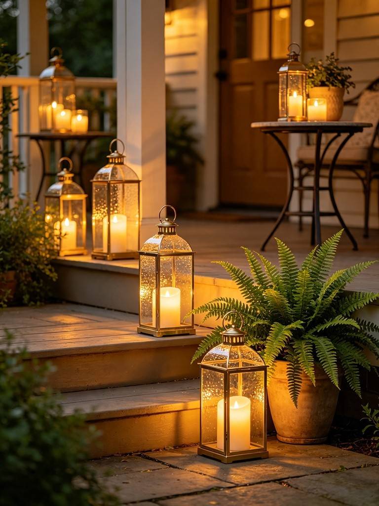 An entryway decorated with stacked gourds, lanterns, and a dried floral wreath on the wall.