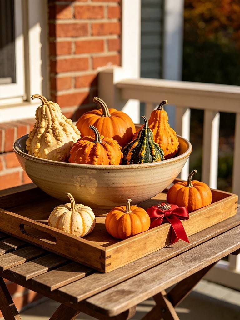 A kitchen counter with wooden bowls filled with apples and small white pumpkins.