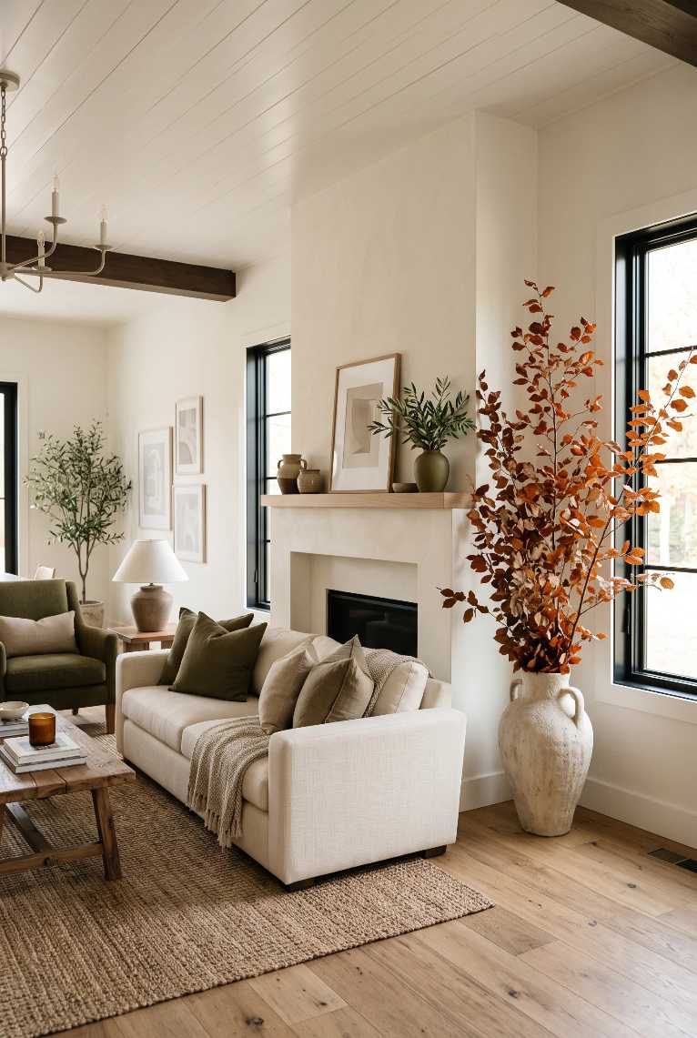 Large ceramic floor vase with tall dried fall branches corner of living room