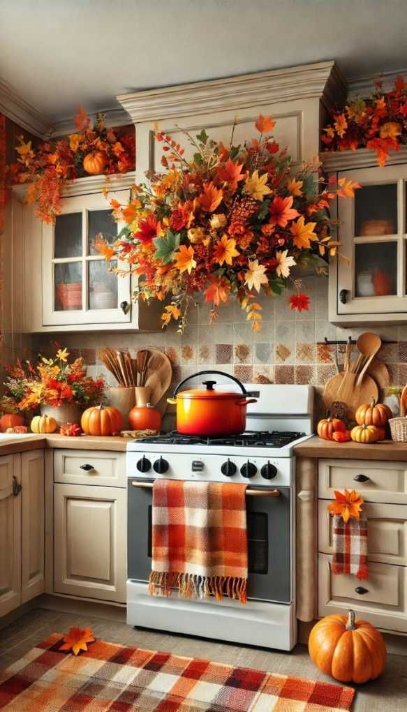 Kitchen range hood with fall foliage and an orange dutch oven