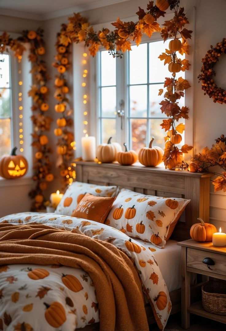 Bedroom with fall foliage window garland, pumpkin sheets, and fairy lights.