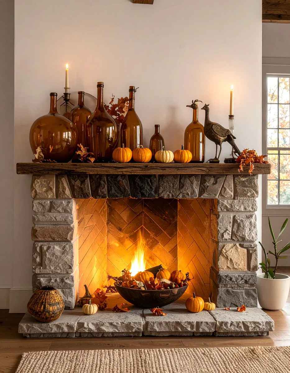 Dark charcoal fireplace mantel styled with brass lanterns, deep green foliage, and velvet pumpkins.