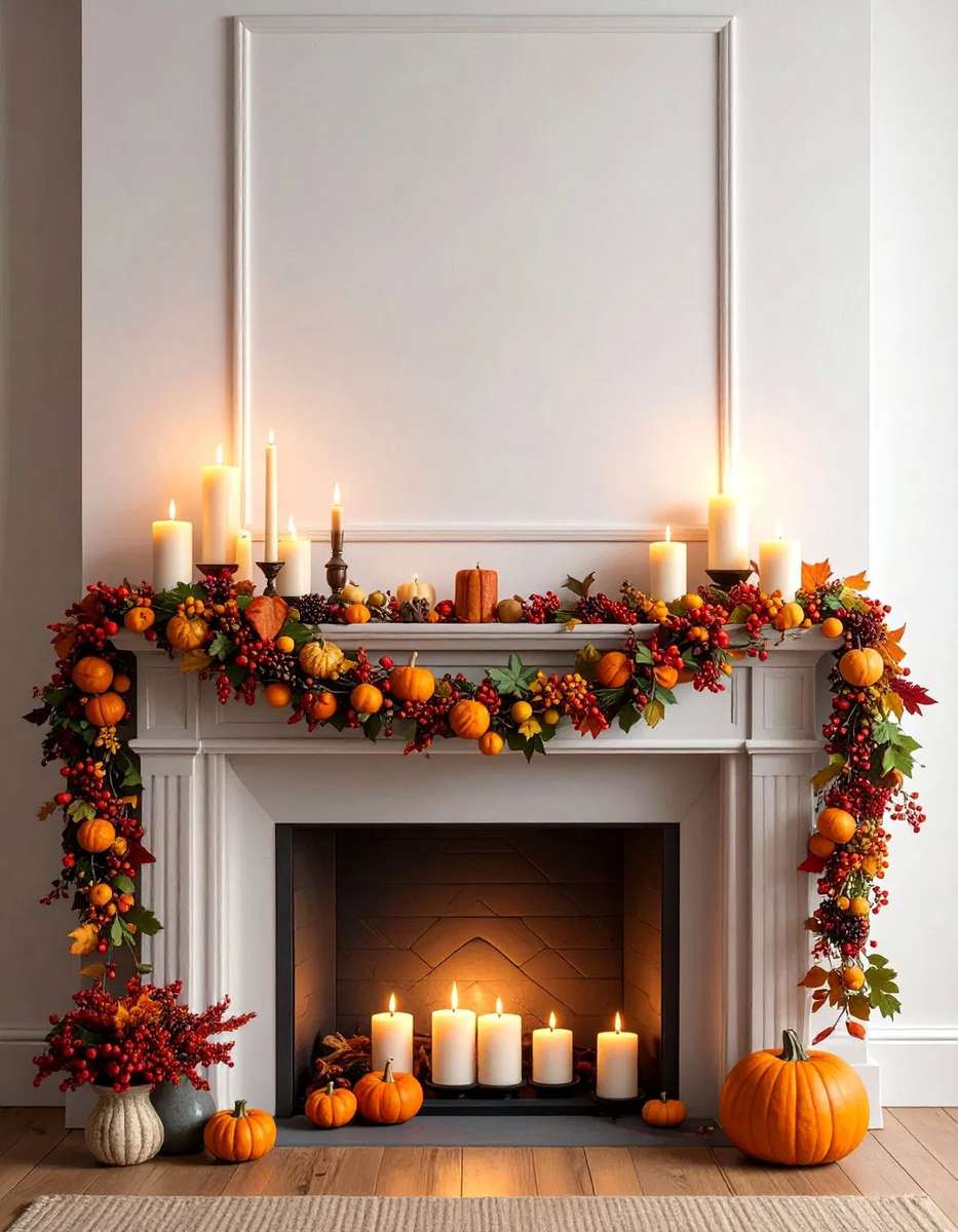 Living room with amber glass vases, dried maple leaves, and copper candle holders on mantel.