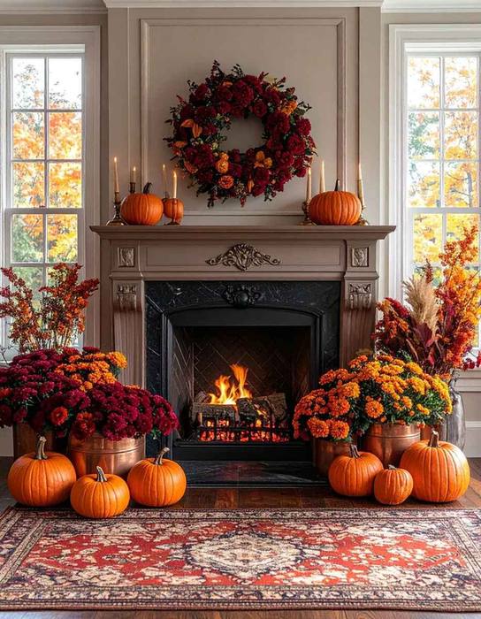 Fireplace with driftwood, white pumpkins, jute rope accents, and sea-glass blue candles.