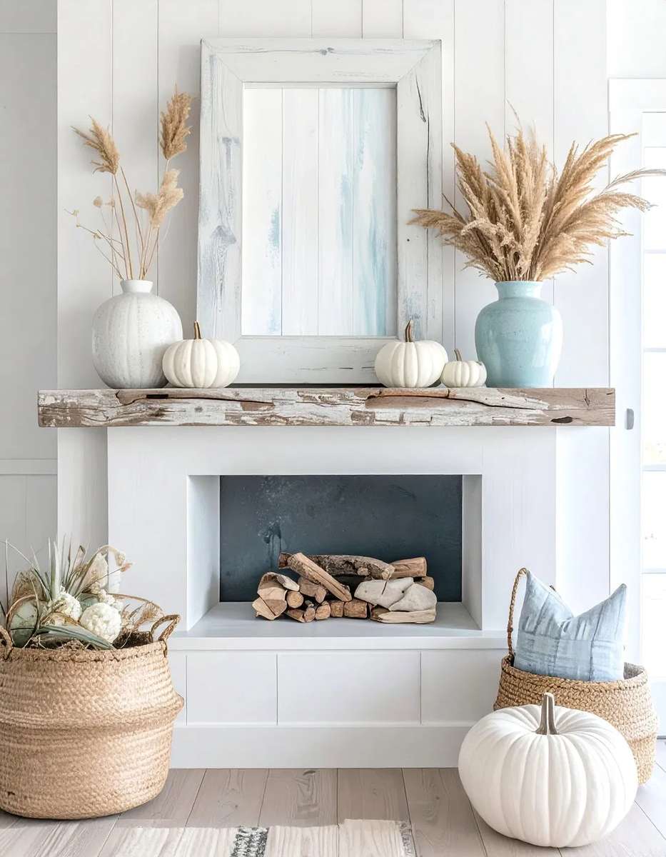 Fireplace mantel draped with knit garland, pillar candles, and soft yarn-wrapped pumpkins.