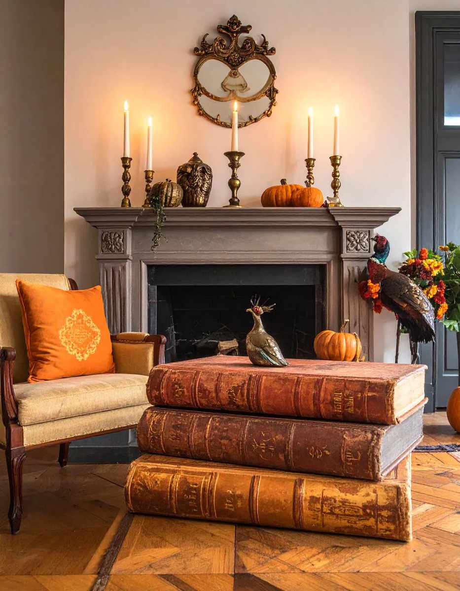 Fireplace with concrete mantel, black metal lanterns, and metallic gold pumpkins.