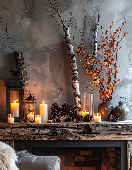 Fireplace with buffalo check ribbon, orange pumpkins, and wooden signs.