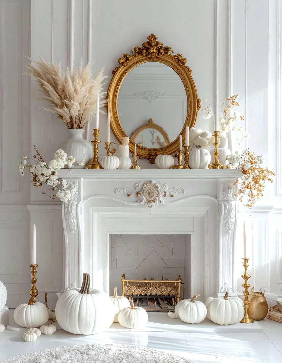 Fireplace with slate tile, silver candlesticks, and cool-toned white pumpkins.