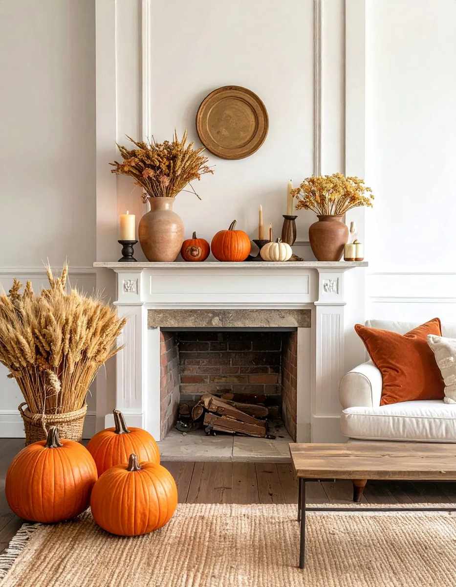 Mantel featuring pinecones, mossy rocks, mushrooms, and woodland creature figurines.
