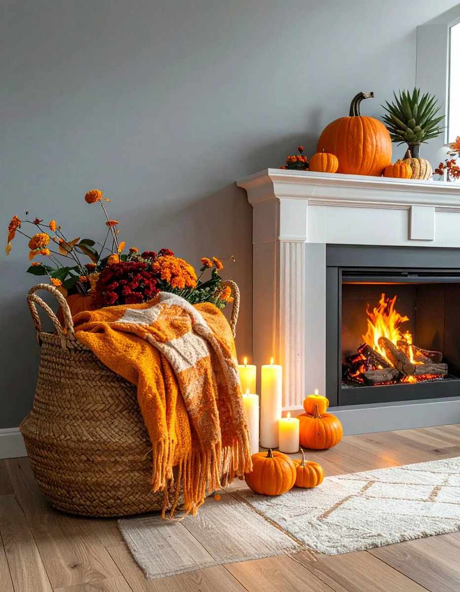 White fireplace with single wooden pumpkin, eucalyptus branch, and minimalist brass candlesticks.