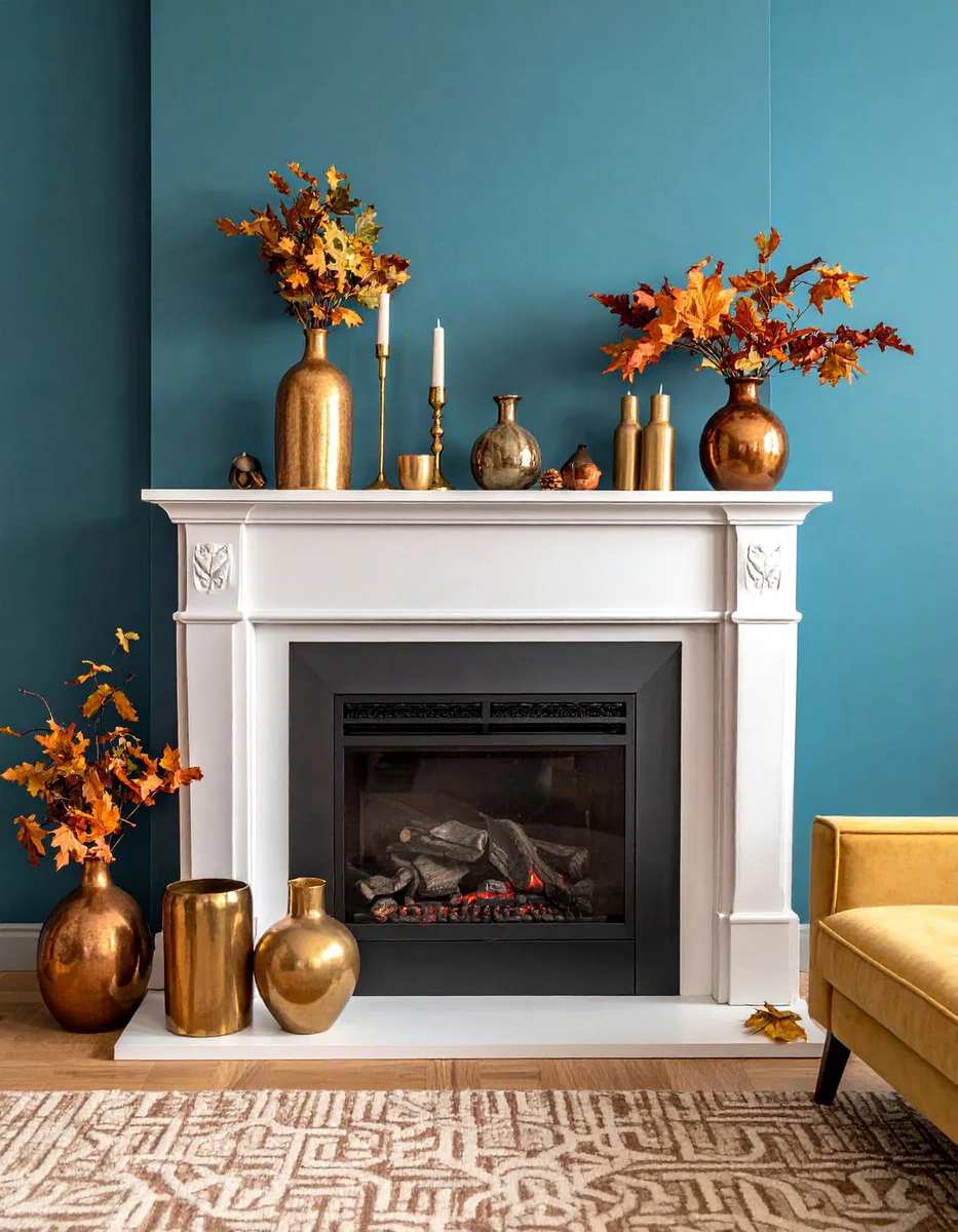 Fireplace with velvet gold ribbons, gilded pumpkins, and lush wheat bouquets.