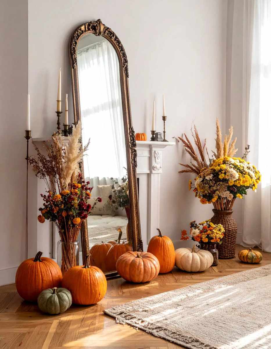 Mantel with symmetrical candle displays, twin baskets, and centered artwork.