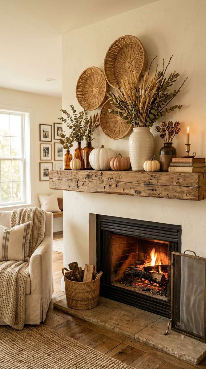 A rustic fireplace mantel decorated with dried wheat sheaves and shimmering copper accents for autumn.