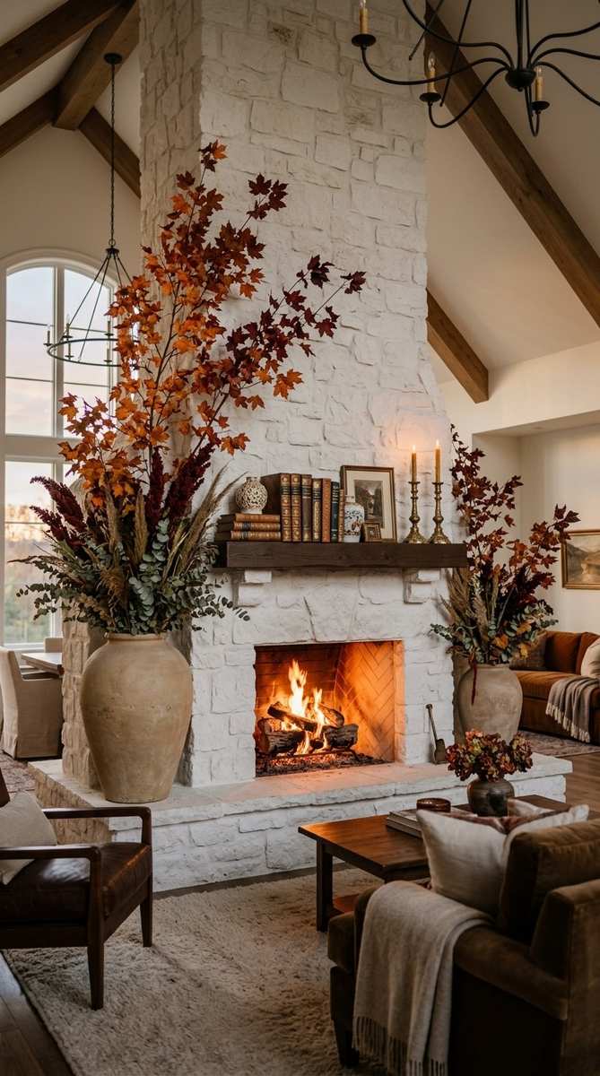 A clean, modern fireplace mantel styled with white faux pumpkins and eucalyptus garland.