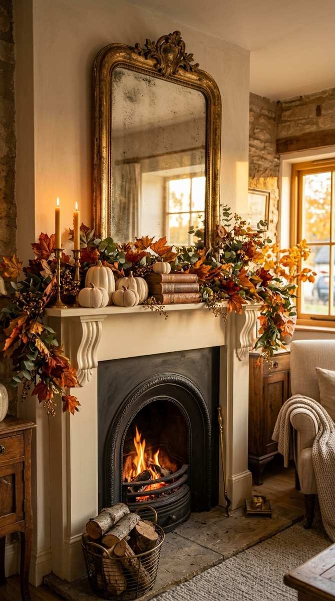 A stone fireplace mantel decorated with burnt orange accessories and terracotta clay pottery.