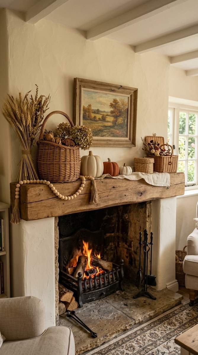 A dark wood mantel featuring a stack of vintage books, brass candle holders, and leather-bound journals.