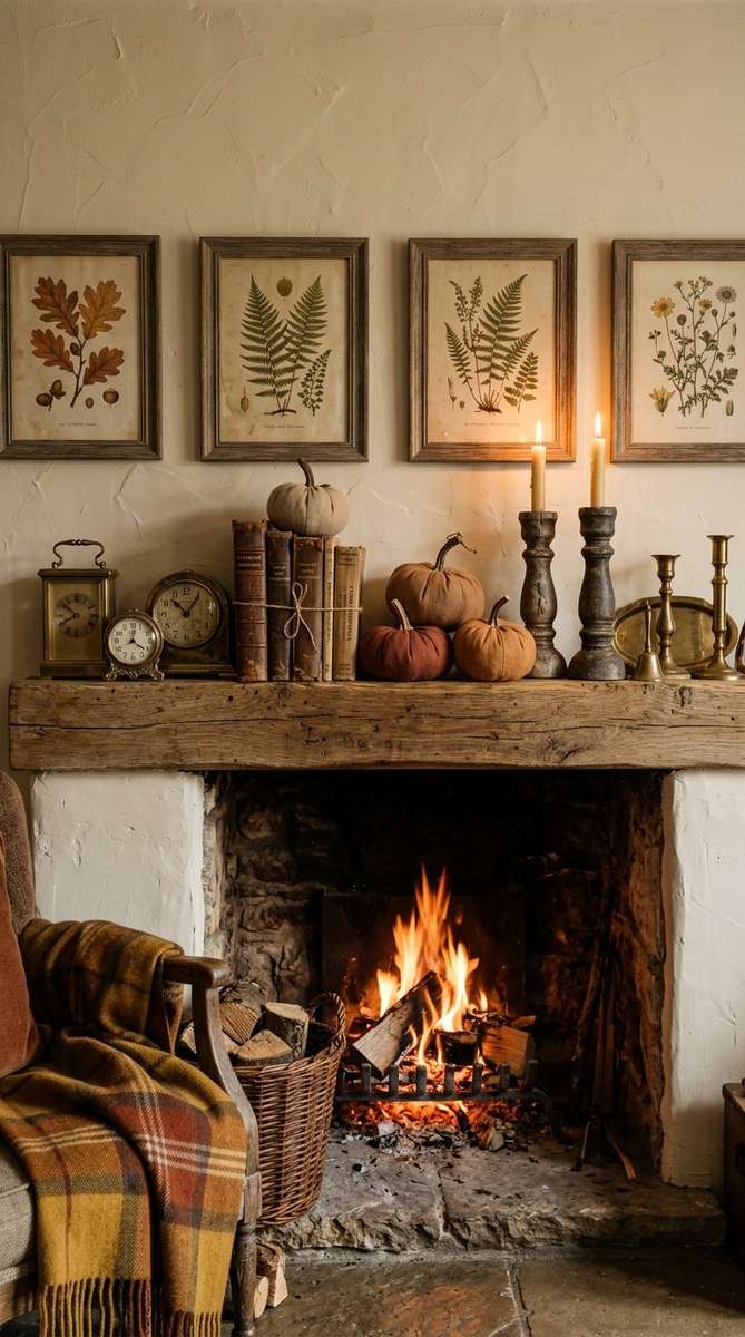 A charming fall mantel with bronze squirrel figurines and a garland of dried leaves.