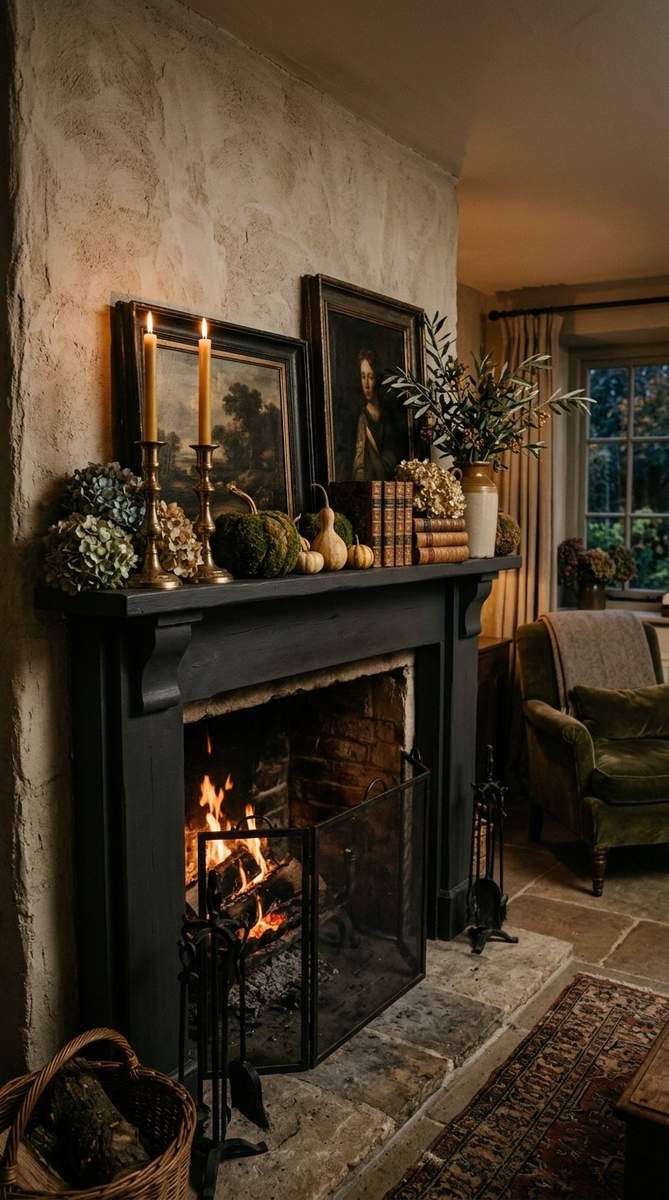 A sleek mantel with gold pumpkins, metallic leaf sprays, and a large sunburst mirror.