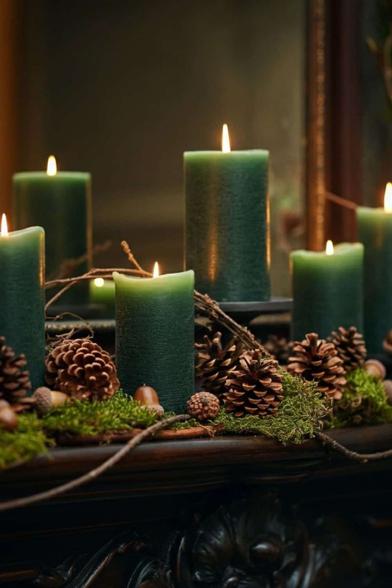 A mantel styled with a DIY garland made of dried orange slices and fresh eucalyptus branches.