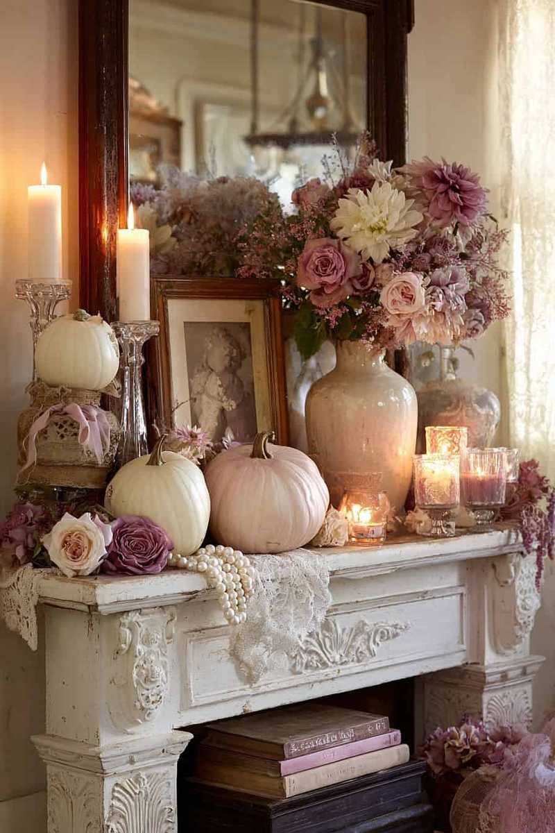A fireplace mantel featuring a large, full wheat wreath as the primary focal point.