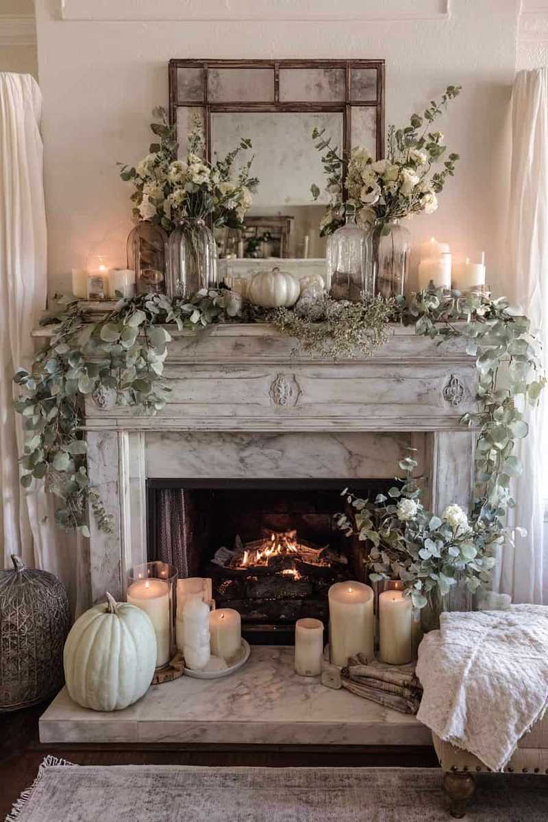 A mantelpiece styled with two overlapping mirrors and a cluster of heirloom pumpkins.