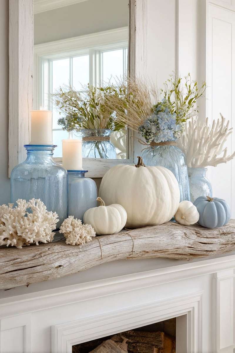 A long mantel featuring vertical and horizontal stacks of antique books with autumn flowers.