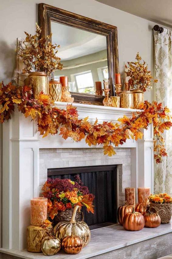 A soft, romantic mantel styled with velvet pumpkins and tall, slender taper candles.