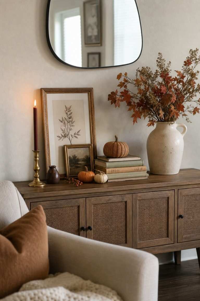 White mantel with small pumpkins pinecones and a framed photo balanced arrangement