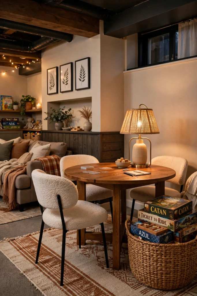 Basement corner with sturdy board game table and storage shelves