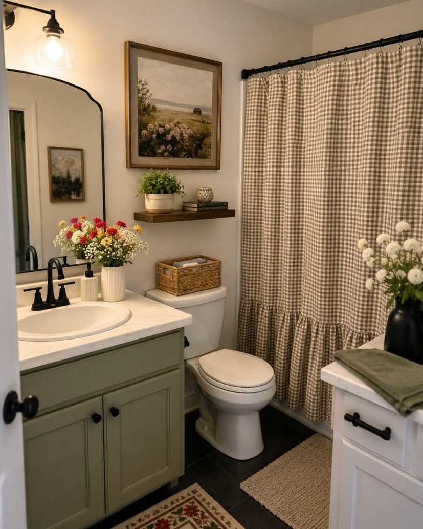 Farmhouse‑style bathroom featuring a red‑white gingham shower curtain, reclaimed wood vanity, and barn‑door style mirror.