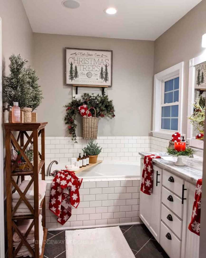 Wooden vanity, white walls, rustic decor, farmhouse holiday style