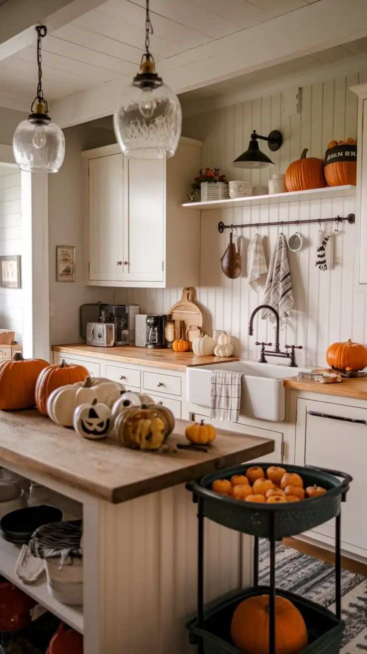 Farmhouse kitchen island with heirloom pumpkins on a cart