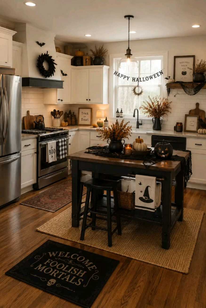Farmhouse kitchen island with spooky autumn decor and warm lighting
