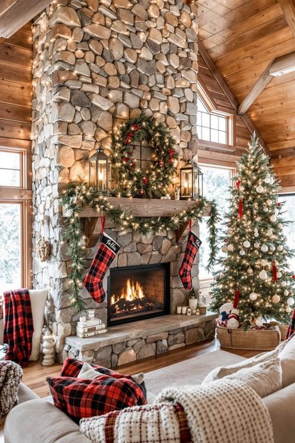 Farmhouse mantel with metal lanterns and plaid stockings in red and white.