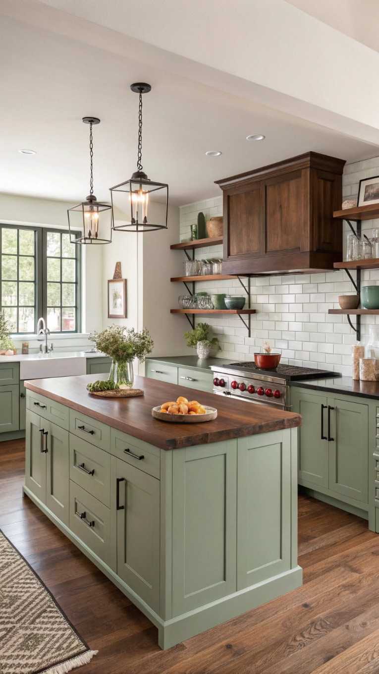 Sage green farmhouse kitchen island, butcher block top, stainless steel hood, rustic lighting.