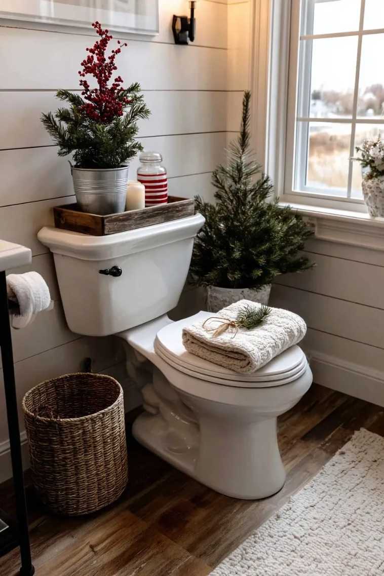 Wooden tray on toilet tank, candles, white bathroom, rustic holiday accent