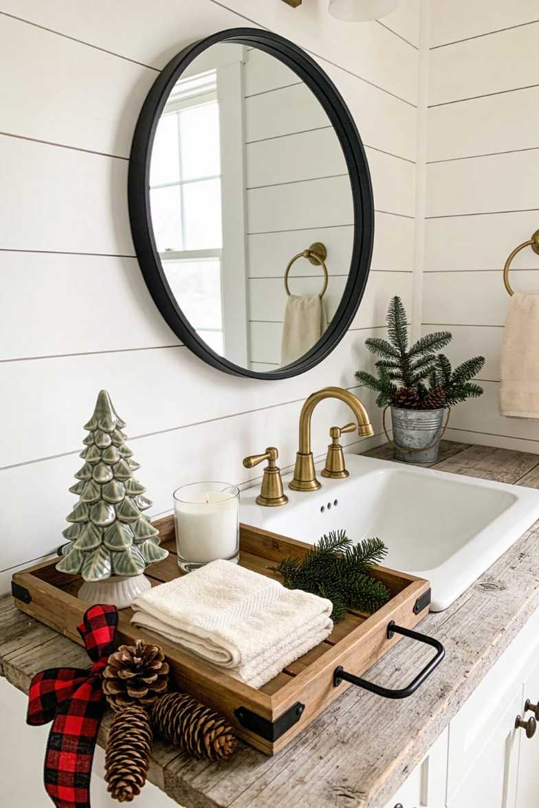Wooden vanity tray, soap, white bathroom, organized rustic holiday display